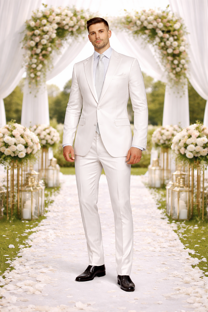 Rossiman White Sateen Suit for Men | High-Shine Formal Elegance – Italian Tailored Luxury Double-Breasted Suit