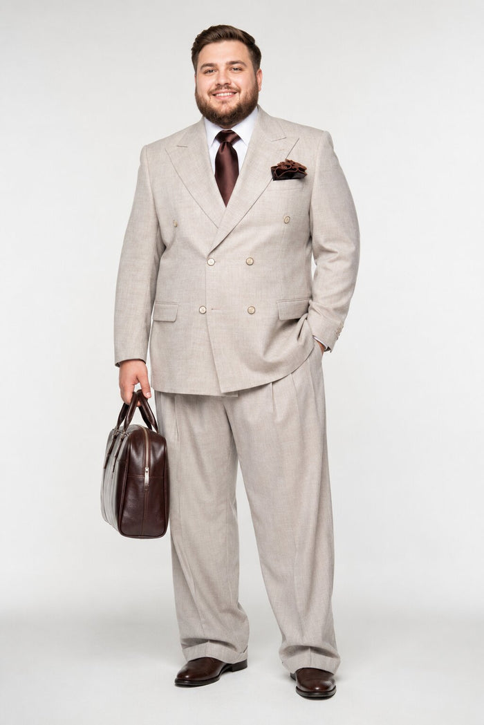 Suits With Baggy Pleated Pants - Wide Leg Pants 100% Wool - Classic Fit in Light Brown Color by Rossiman USA Men's Outlet