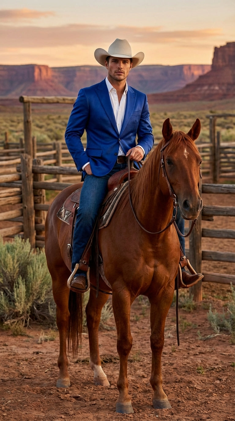 Men’s Shiny Royal Blue Cowboy Blazer – Western Style Satin Finish Blazer for Party, Country Events and Evening Wear