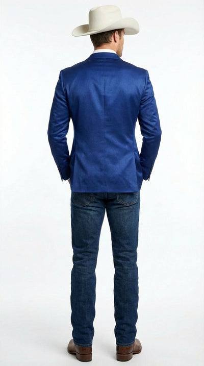 Men’s Shiny Royal Blue Cowboy Blazer – Western Style Satin Finish Blazer for Party, Country Events and Evening Wear