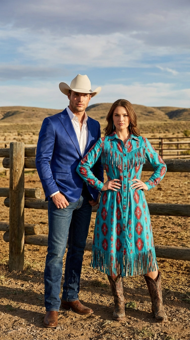 Men’s Shiny Royal Blue Cowboy Blazer – Western Style Satin Finish Blazer for Party, Country Events and Evening Wear