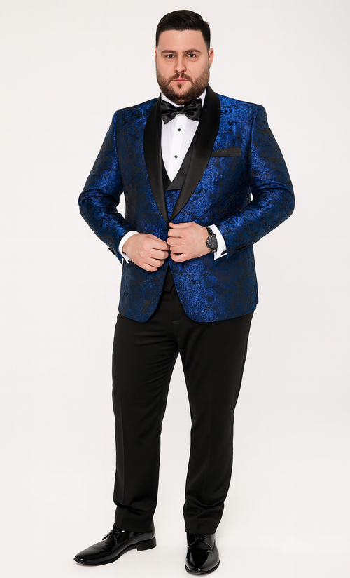 Royal Blue Floral Tuxedo with Shawl Lapel – 4 Piece Slim Fit Set
