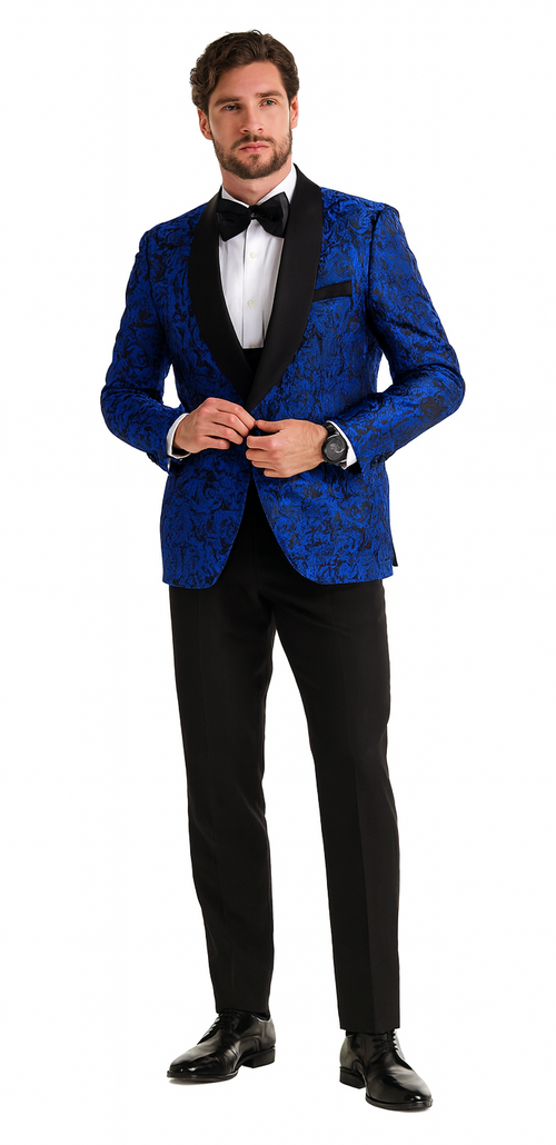 Royal Blue Floral Tuxedo with Shawl Lapel – 4 Piece Slim Fit Set
