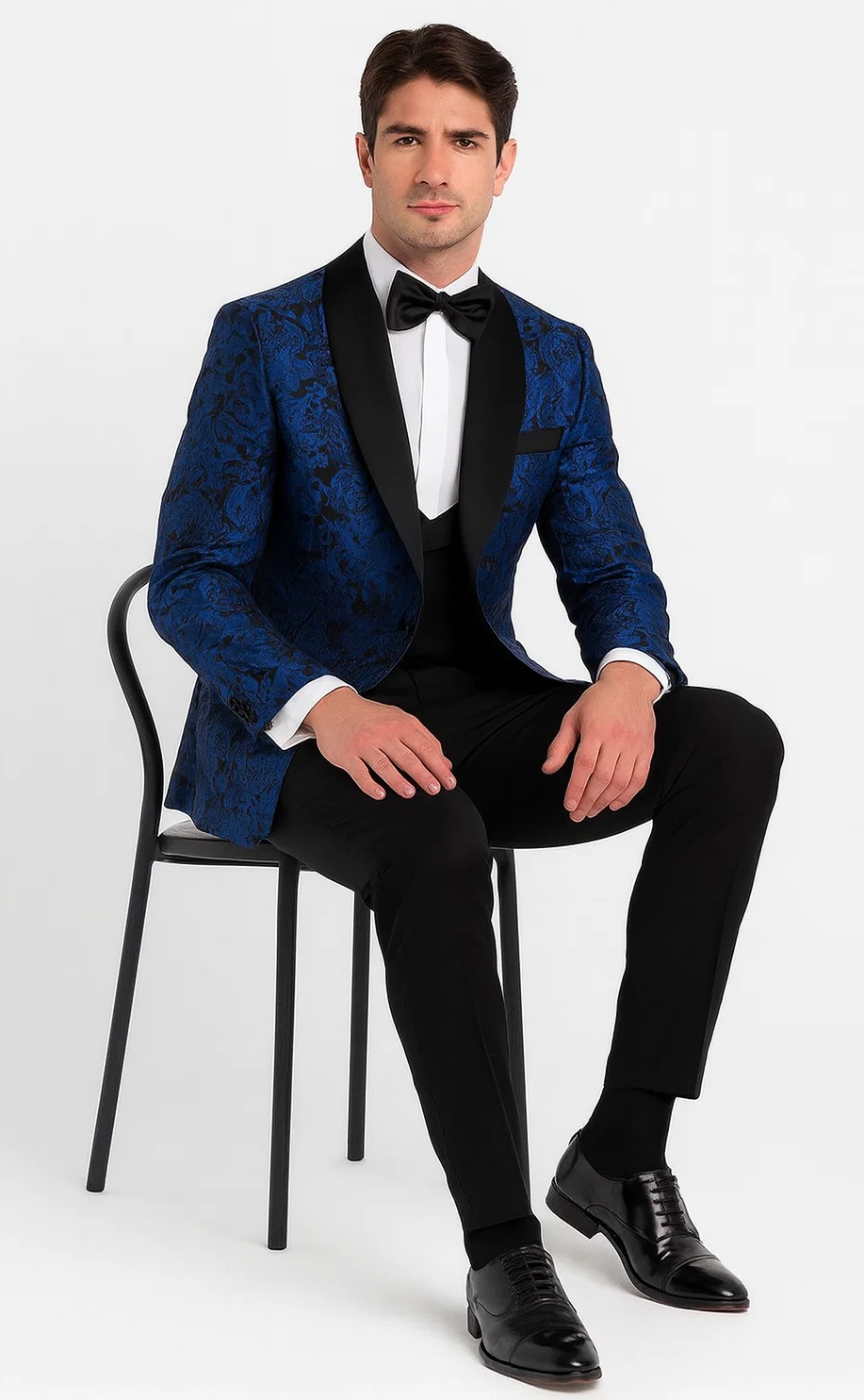 Royal Blue Floral Tuxedo with Shawl Lapel – 4 Piece Slim Fit Set