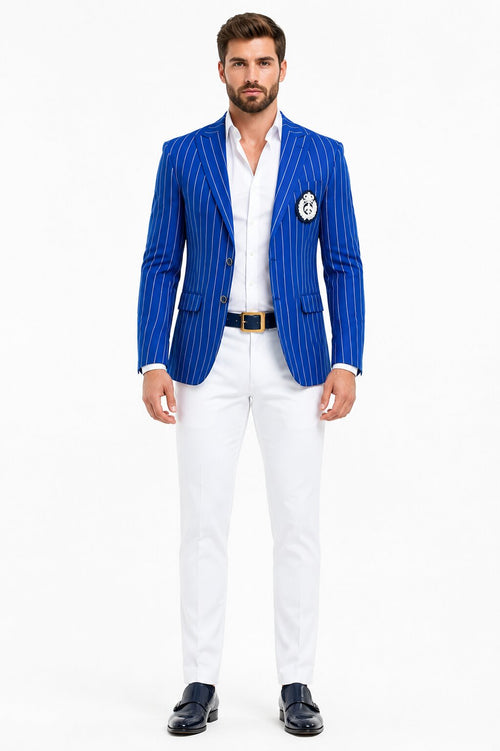 Royal Blue Pinstripe Blazer With White Pants - Suit Party Blazer by USA Men's Outlet