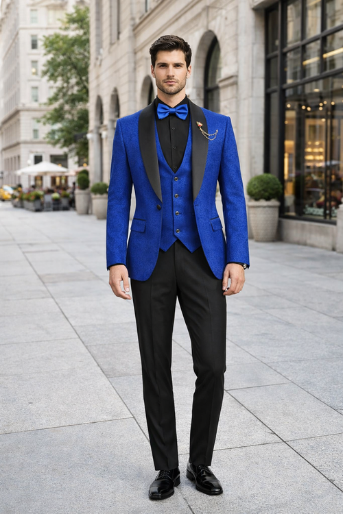 Royal Blue Prom Tuxedo Suit - Royal Blue Wedding Suit - Men's Slim Fit Vested Paisley Wedding Tuxedo In Royal Blue