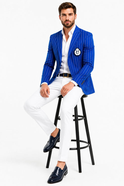 Royal Blue Pinstripe Blazer With White Pants - Suit Party Blazer by USA Men's Outlet