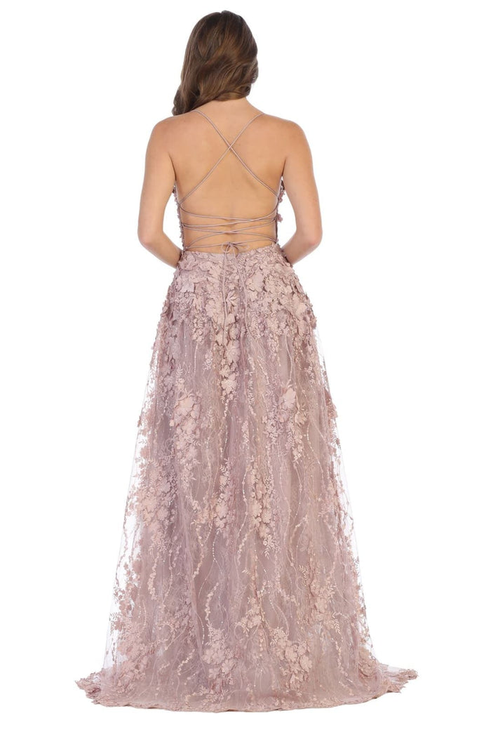 Royal Queen RQ7738 V Neck Floral Applique Thigh High Slit Prom Dress
