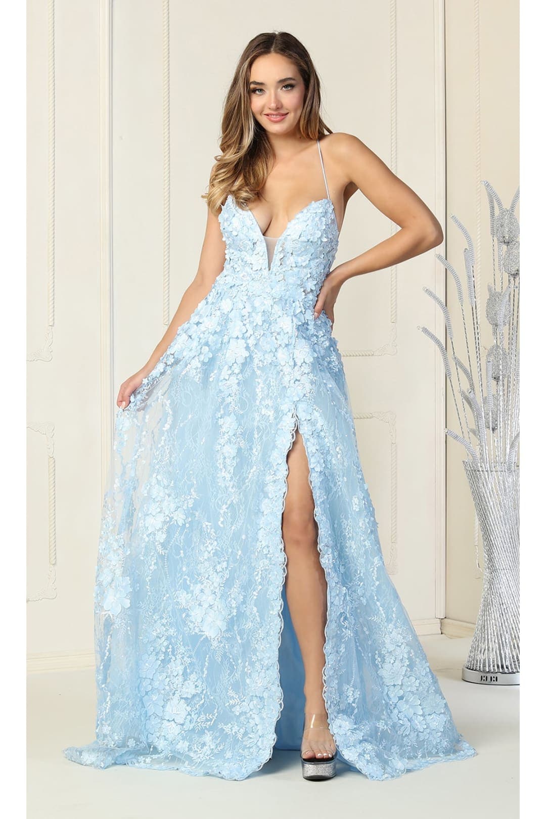 Royal Queen RQ7738 V Neck Floral Applique Thigh High Slit Prom Dress