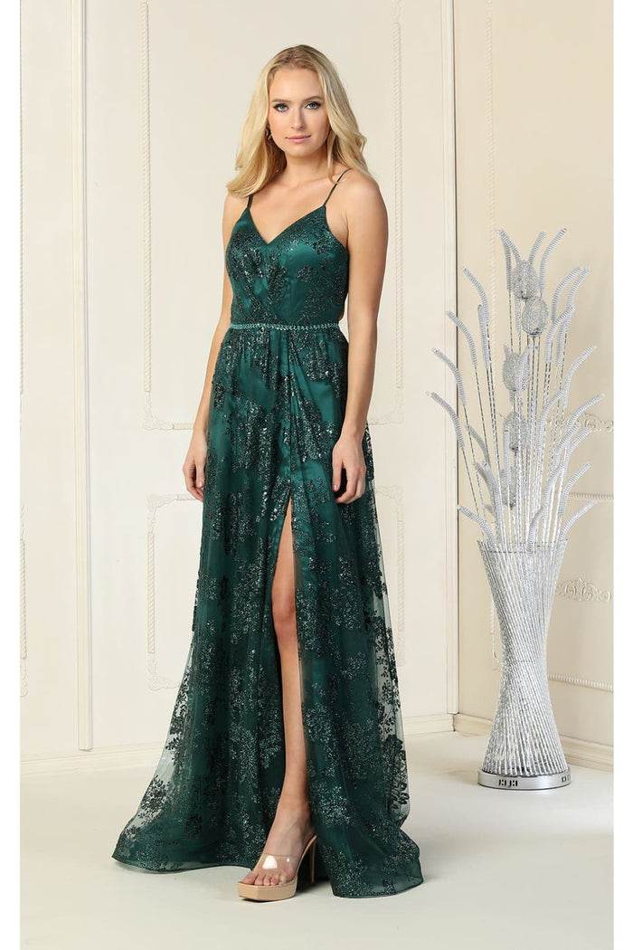 Royal Queen RQ7738 V Neck Floral Applique Thigh High Slit Prom Dress