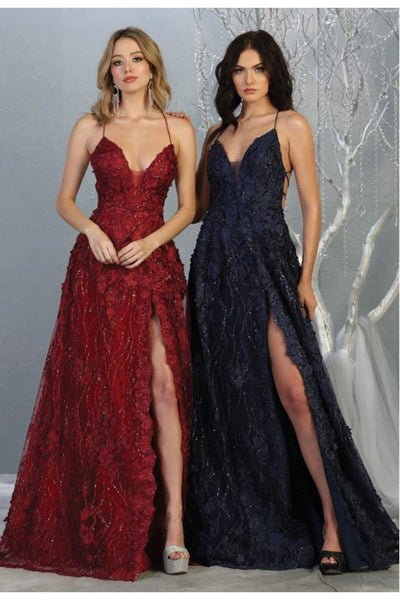 Royal Queen RQ7738 V Neck Floral Applique Thigh High Slit Prom Dress