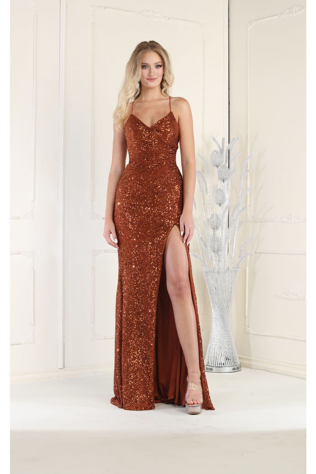 Royal Queen RQ7852 Sequined V Neck High Slit Open Back Long Prom Dress