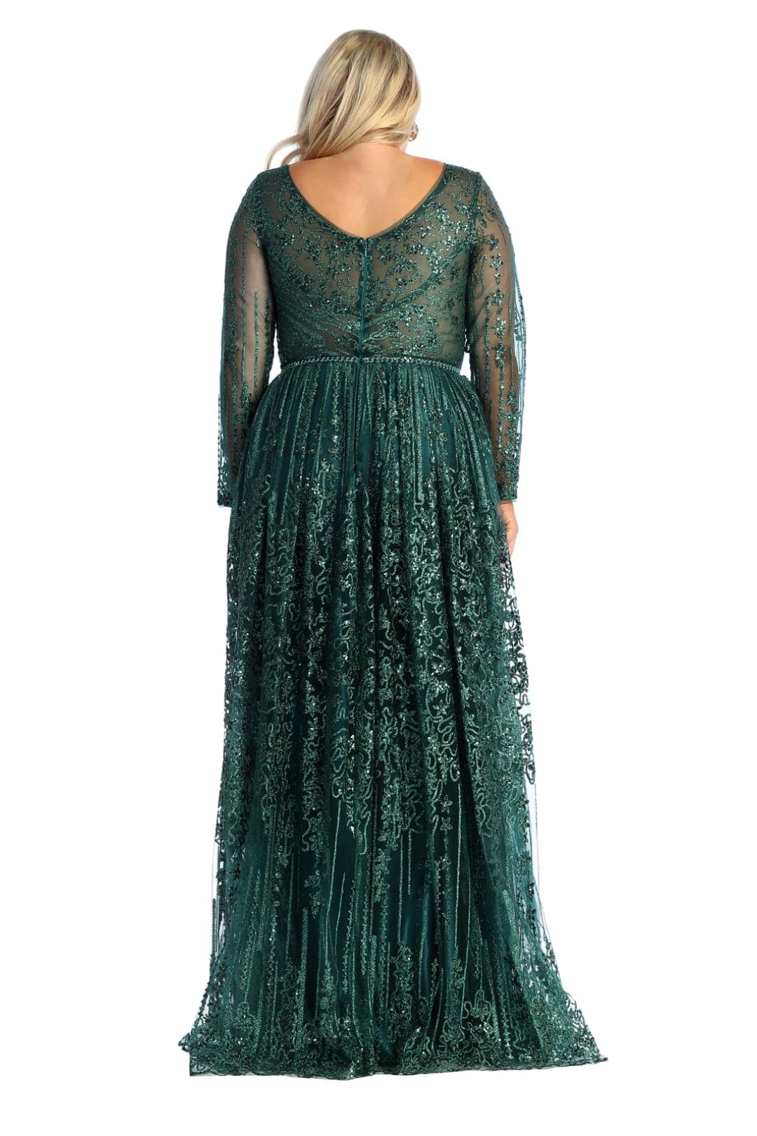 Glitter Floor Sweeping Prom Dress Long Sleeve V-neck Evening Gown