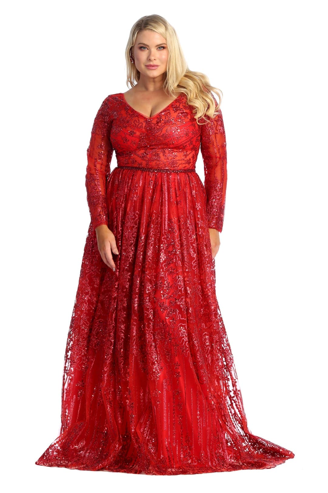 Glitter Floor Sweeping Prom Dress Long Sleeve V-neck Evening Gown