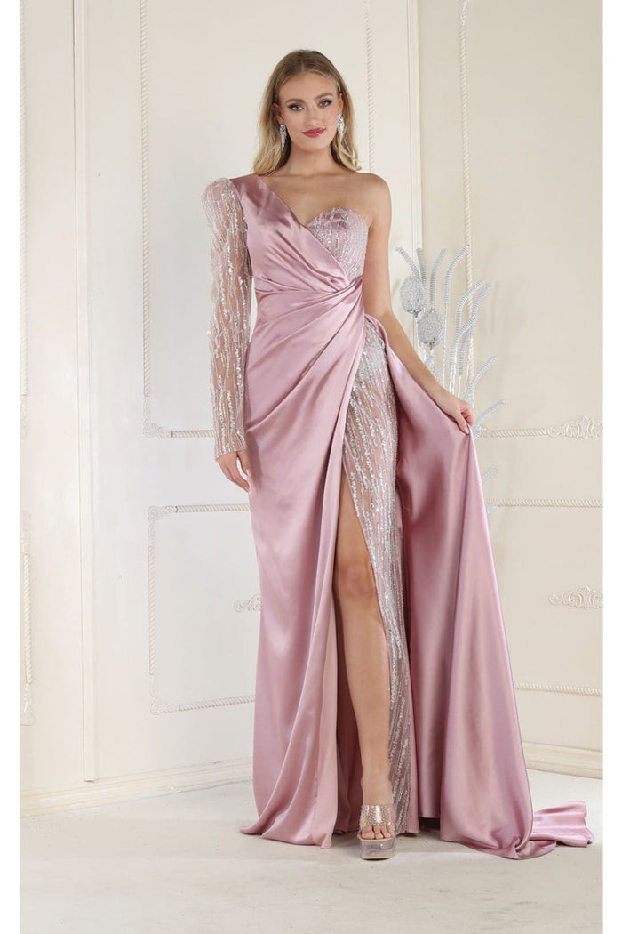 Royal Queen RQ7980 One Shoulder Sheer Satin Formal Evening Gown