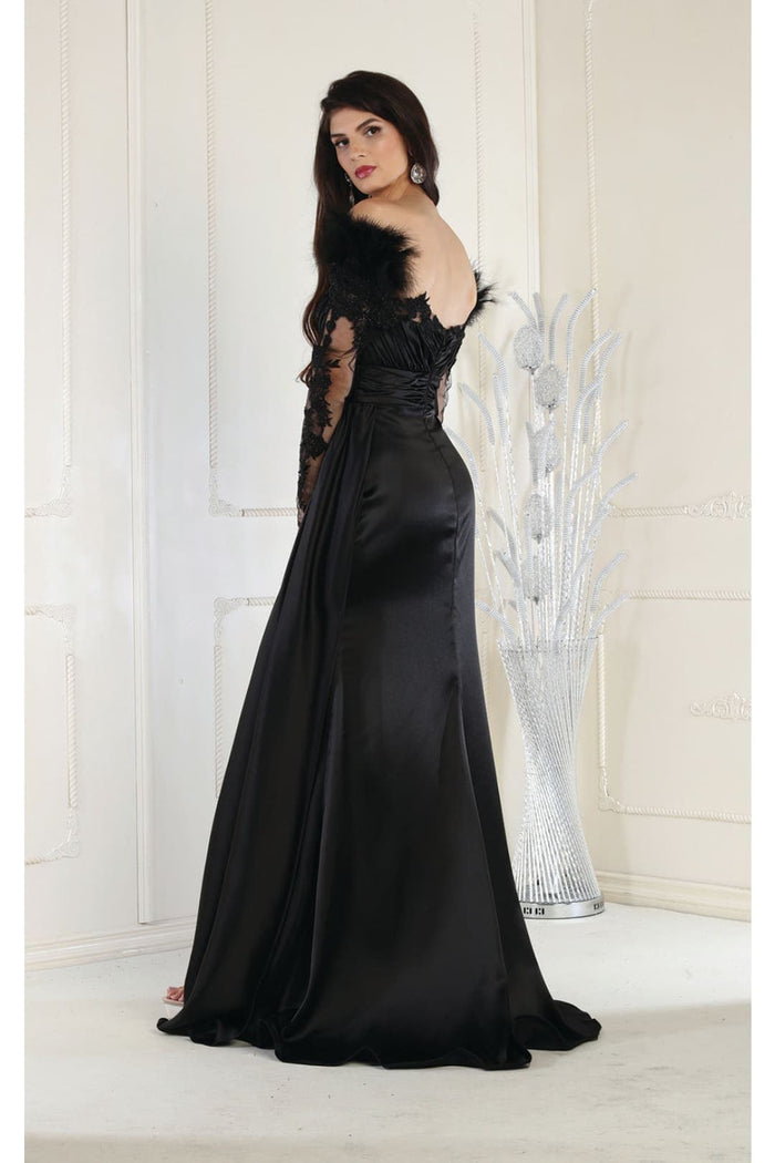 Off The Shoulder Long Sleeve Satin Evening Gown
