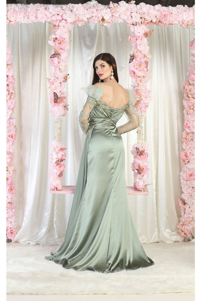 Off The Shoulder Long Sleeve Satin Evening Gown