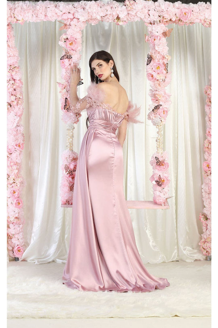 Off The Shoulder Long Sleeve Satin Evening Gown
