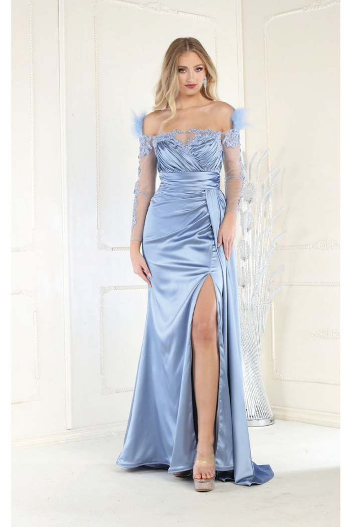 Off The Shoulder Long Sleeve Satin Evening Gown