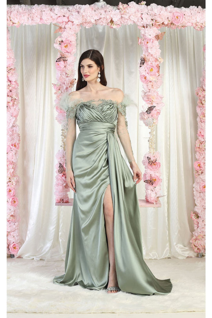 Off The Shoulder Long Sleeve Satin Evening Gown