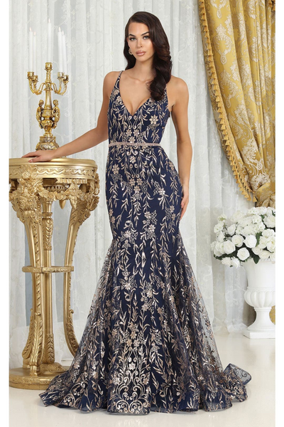 Royal Queen RQ8017 V-upper Back Sheer Sides Glitter Prom Gown
