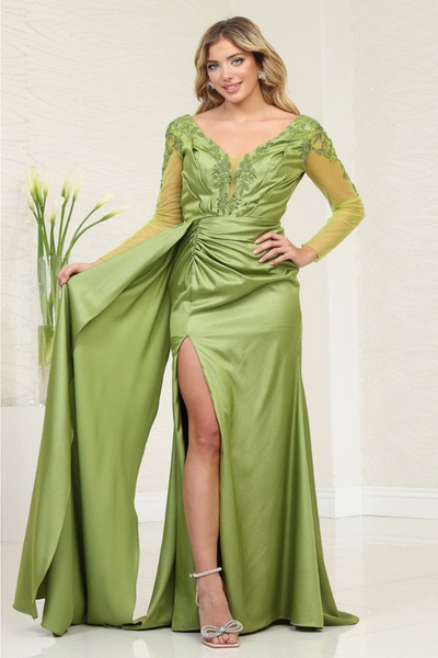 Royal Queen RQ8045 Plunging V-Neck High Slit Satin Long MOB Gown