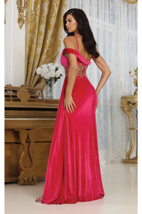 Royal Queen RQ8087 V-neck Spaghetti Straps Slit Velvet Prom Dress