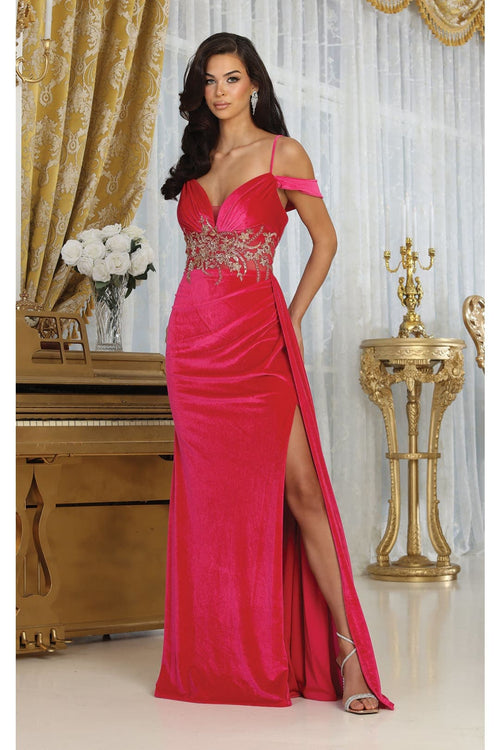 Royal Queen RQ8087 V-neck Spaghetti Straps Slit Velvet Prom Dress