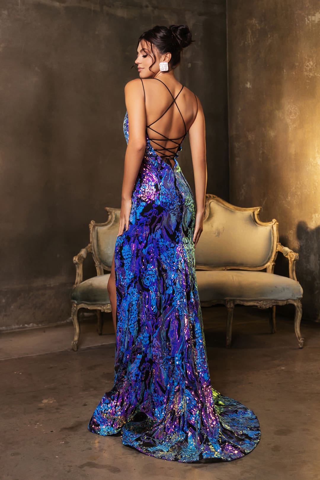 Royal Queen RQ8141 Sparkling Sequin Sheath Prom Gown with High Slit