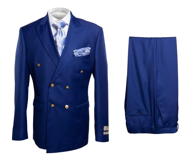 Rossi Man Royal Blue Mens Double Breasted Slim-fit Suit Gold Buttons