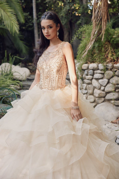 Juliet 1423 Beaded Illusion Sweetheart Tulle Quinceanera Ball Gown with Ruffled Skirt