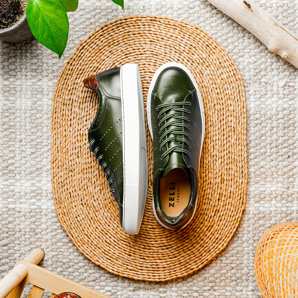 Zelli Russo Burnished Calfskin and Crocodile Luxury Sneakers in Olive
