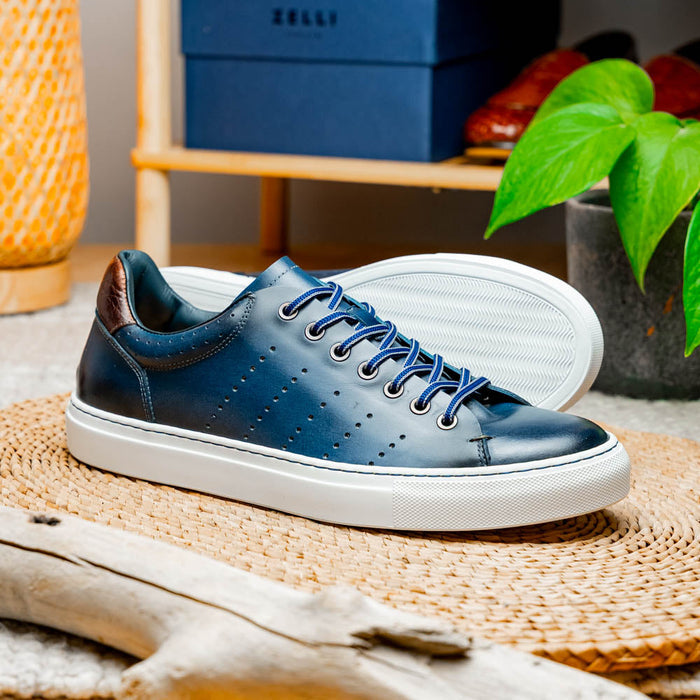 Zelli Russo Navy Calfskin and Crocodile Luxury Fashion Sneakers
