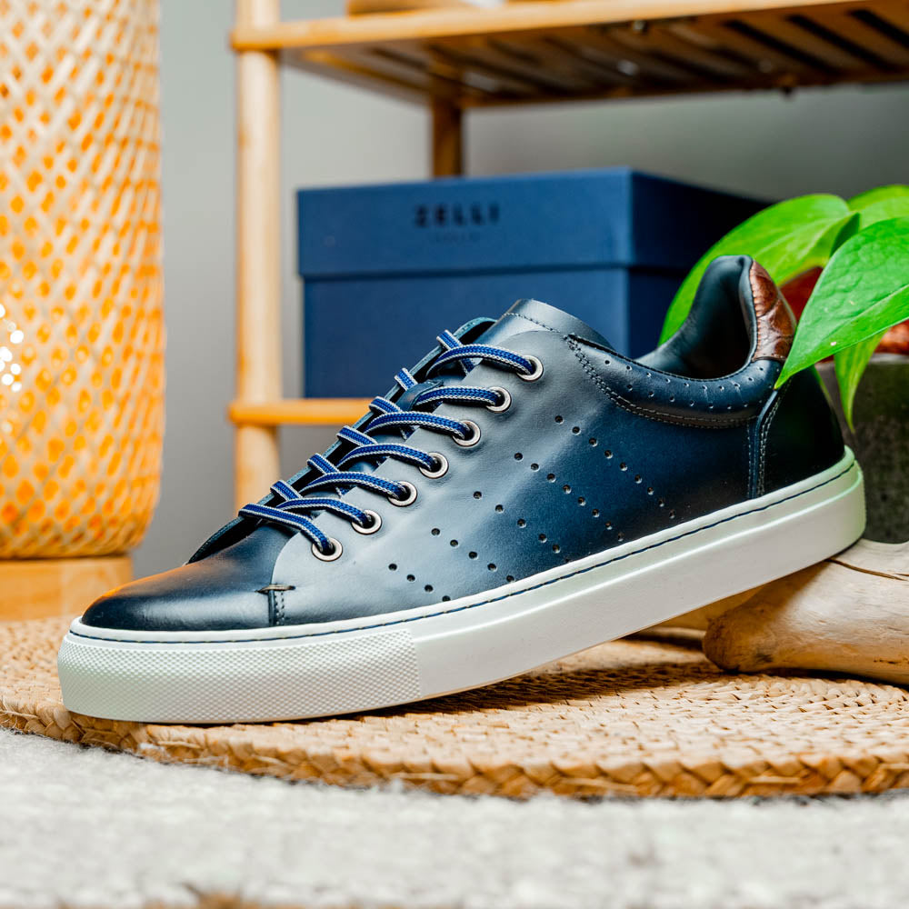 Zelli Russo Navy Calfskin and Crocodile Luxury Fashion Sneakers