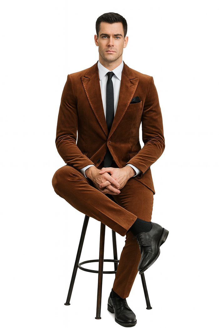 Mens Brown Velvet 2-Piece Suit - Luxury Slim Fit Formal Blazer and Pants Set in Rust Copper Color by USA Men's Outlet