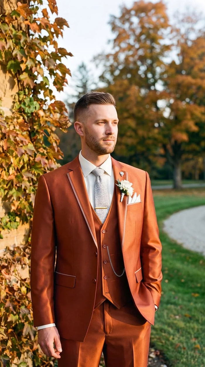 Men's Rust Solid Three Piece Suit