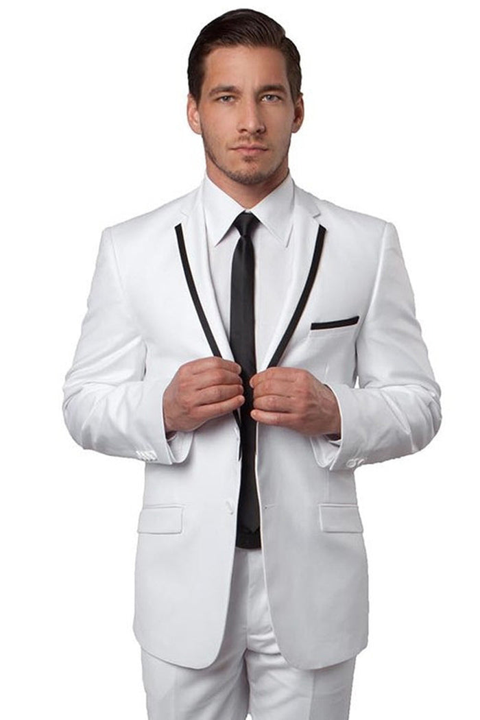 White Slim Fit Men's Tuxedo Suit with Black Piping - Wedding & Prom by Tazzio