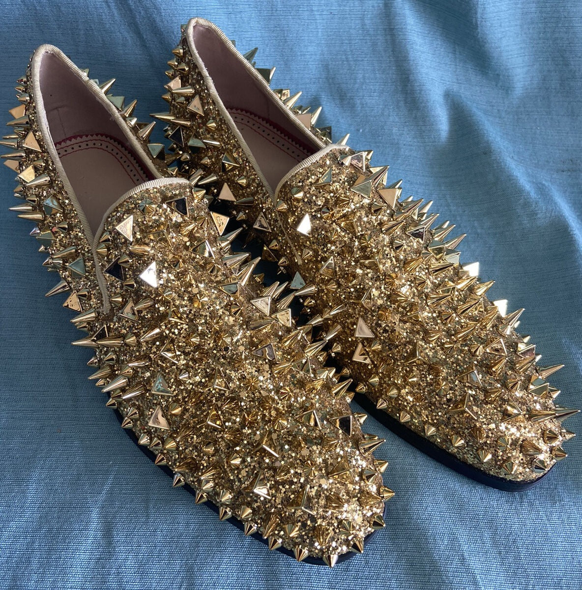 NEW Gold Prom/Dress Shoes Round Toe Leather w/Spikes Rivets Slip On Size 7.5 Gold Prom Shoes