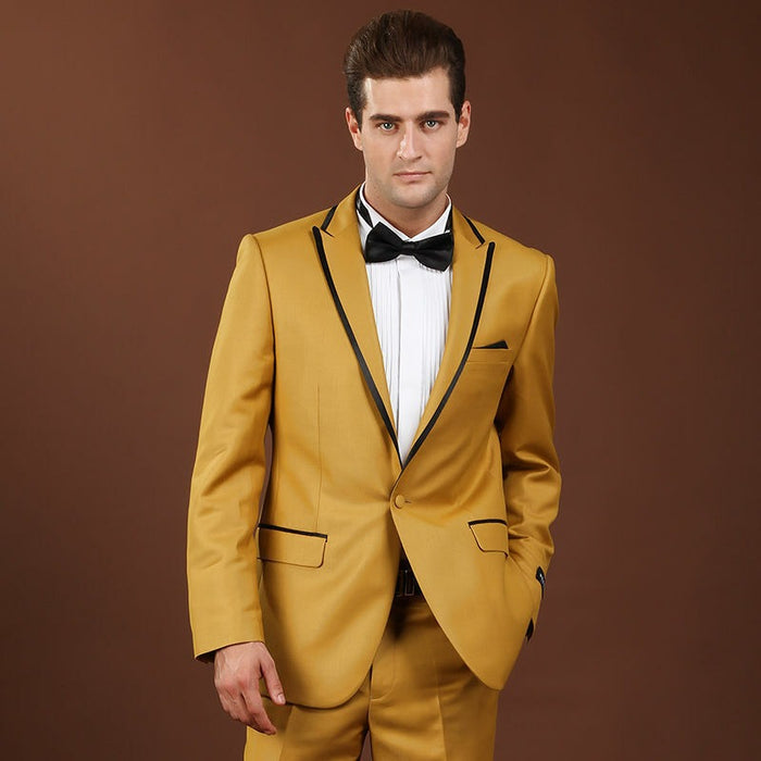 Men Yellow Suit Peak Lapel Groom Tuxedo Dinner Party Wedding Prom Suit Custom - Yellow Prom Suit