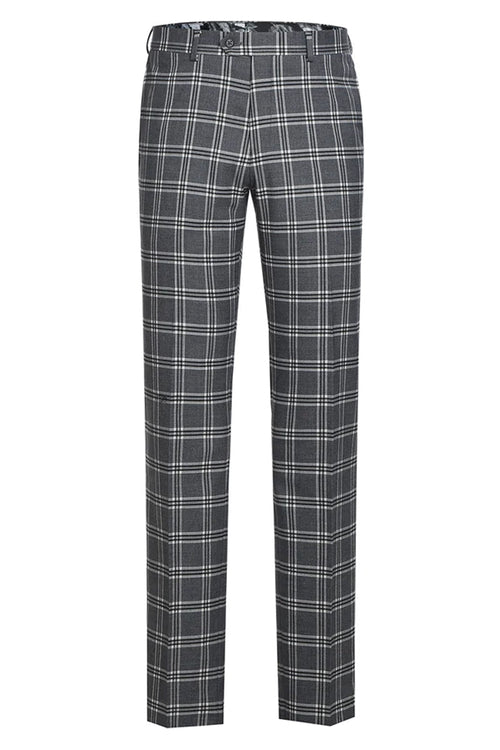 Mens Designer Slim Fit Peak Lapel Suit in Grey Windowpane Plaid by Statement
