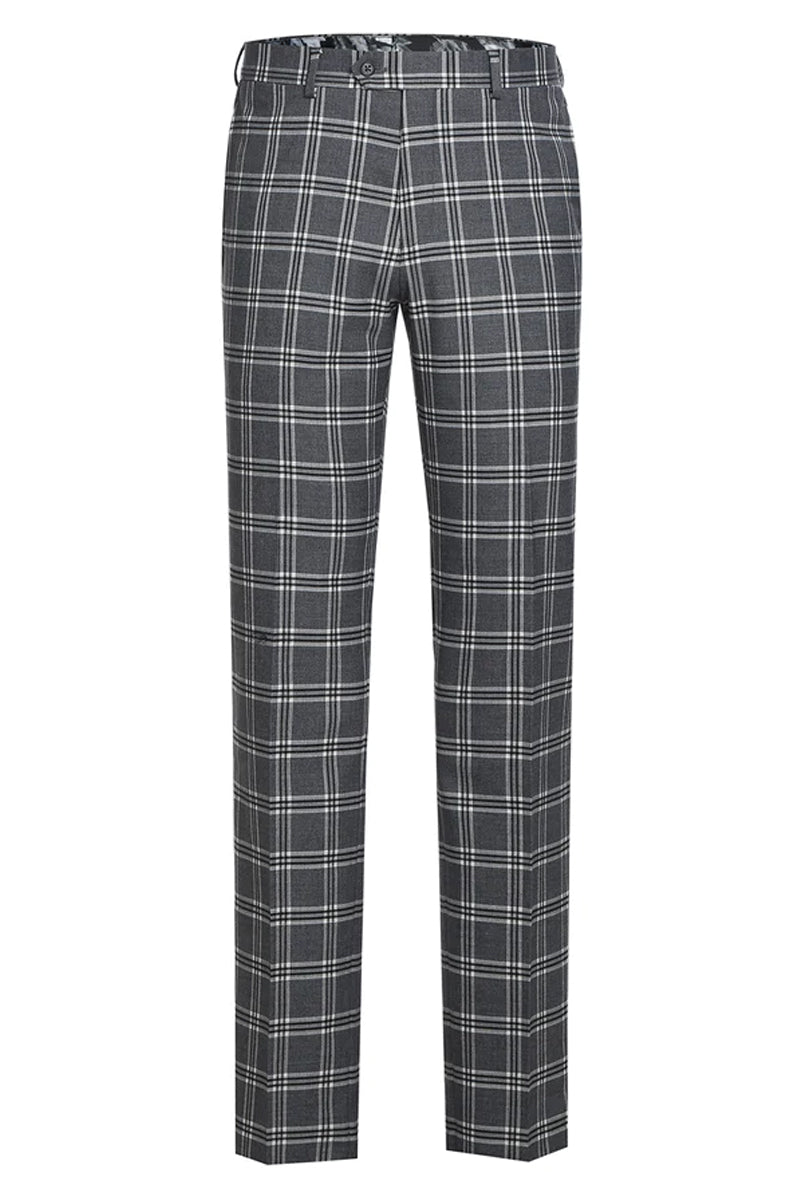 Mens Designer Slim Fit Peak Lapel Suit in Grey Windowpane Plaid by Statement