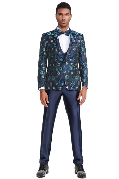Men's Navy Blue Floral Print Tuxedo with Satin Vest