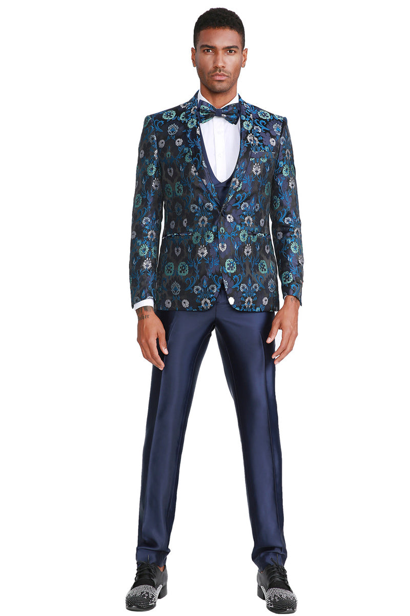 Men's Navy Blue Floral Print Tuxedo with Satin Vest
