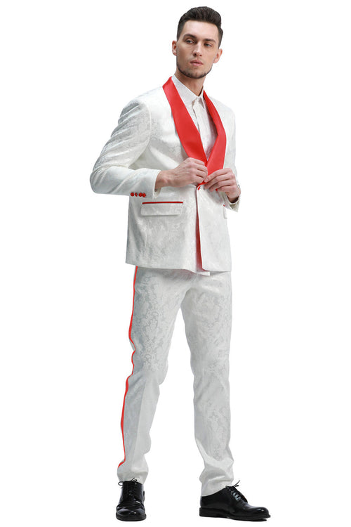 Men's Slim Fit Double Breasted Paisley Smoking Jacket in White & Red