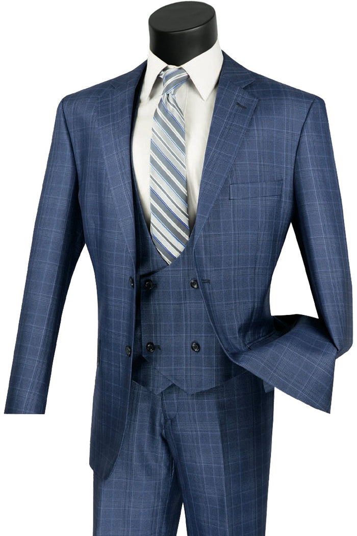 Mens Classic Fit Low Cut Vest Glen Plaid Suit in Olive by Vinci
