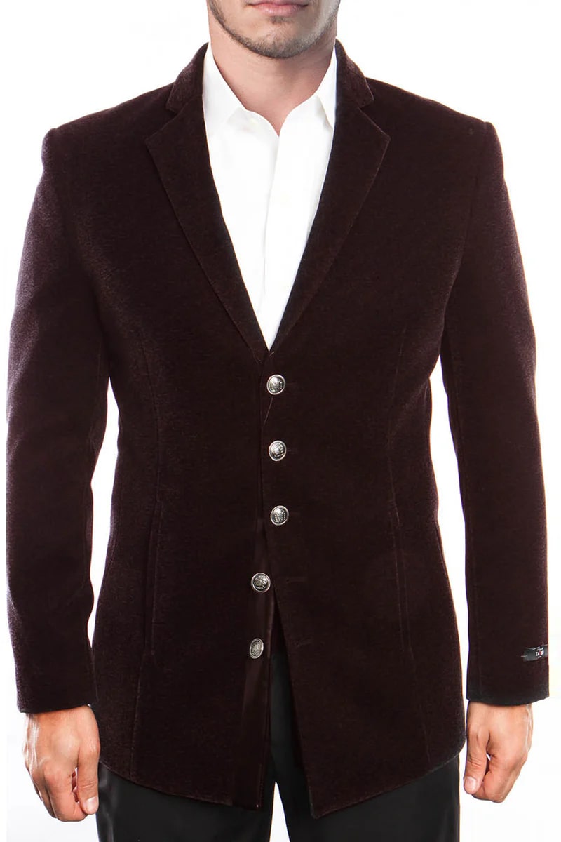 Men's Five Button Vintage Style Velvet Coats in Burgundy
