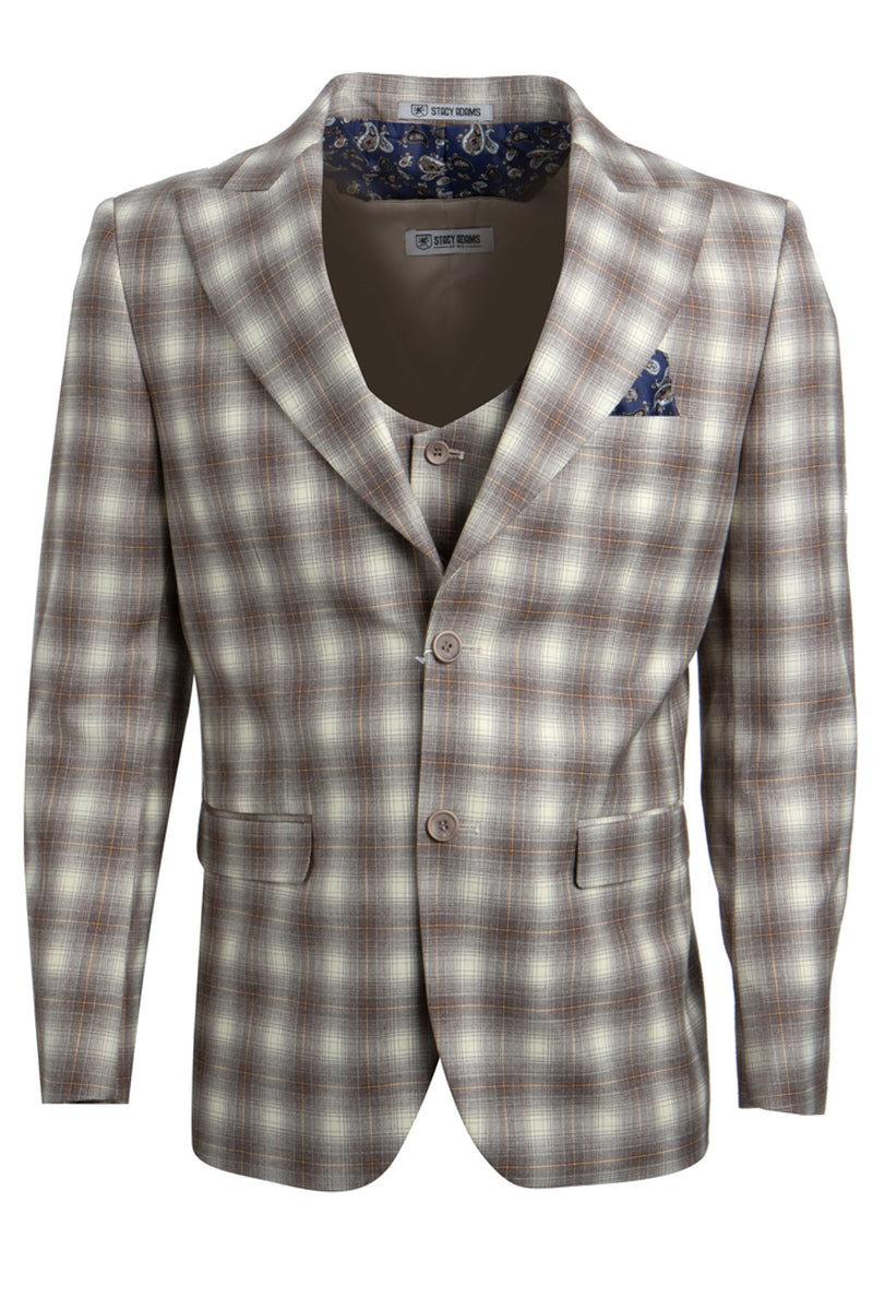 Revised Title: Stacy Adams Brown & Tan Plaid Vested Windowpane 2-Button Suit