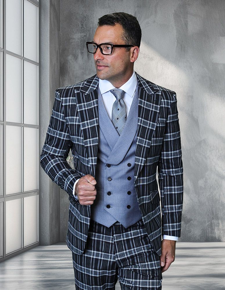 Saboo by Statement Mens Modern Fit 3 Piece 100% Wool Plaid Suit – Peak Lapel, Double Breasted Vest