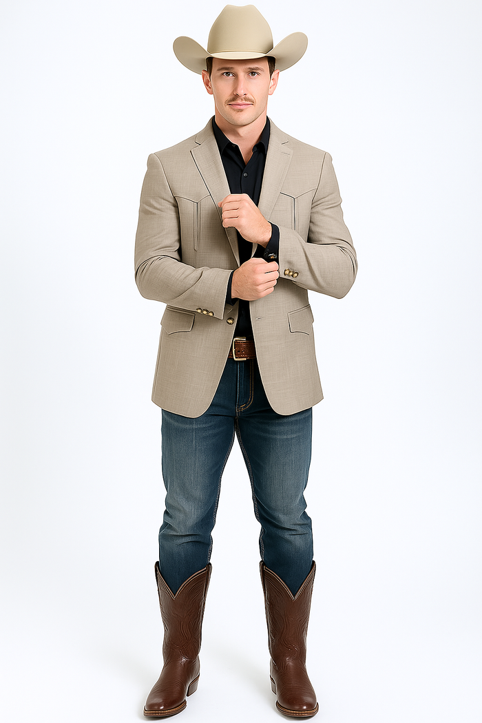 Saco Vaquero Western Blazer - Saco Para Hombre -Mens Double Button Western Taupe Blazer