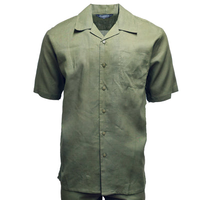 Mens Sage Green Linen Shirt and Pants Casual Outfit Set